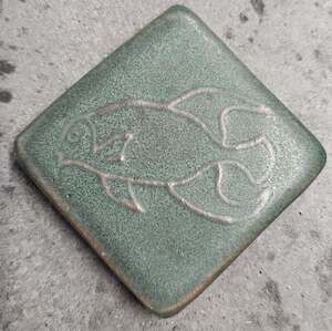 Vintage Pewabic 2.75" Green Fish Ceramic Tile - 1992
